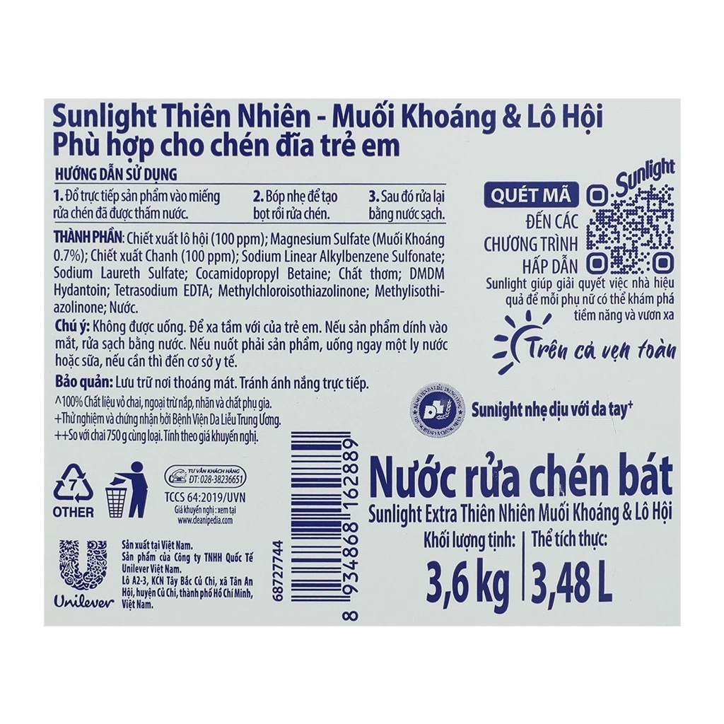 Nước rửa chén Sunlight thiên nhiên muối khoáng và lô hội Túi 725ml/Chai 725ml/Túi 2 lít/Can 3.48 lít