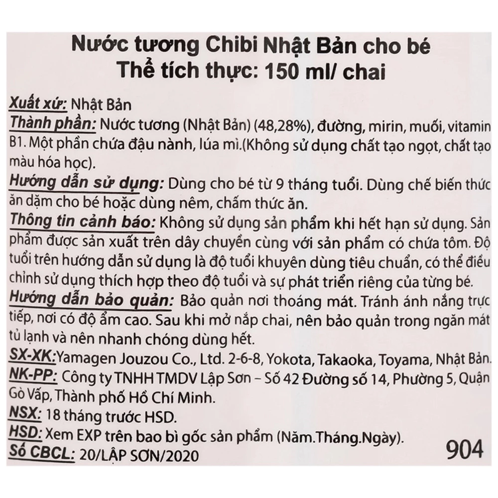 Nước tương ít muối Chibi chai 150ml dành cho bé từ 9 tháng tuổi