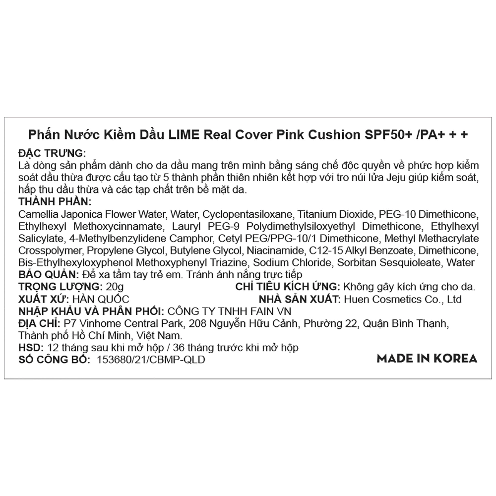 Phấn nước Lime kiềm dầu no.10/no.20 da trắng/da trung bình 20g