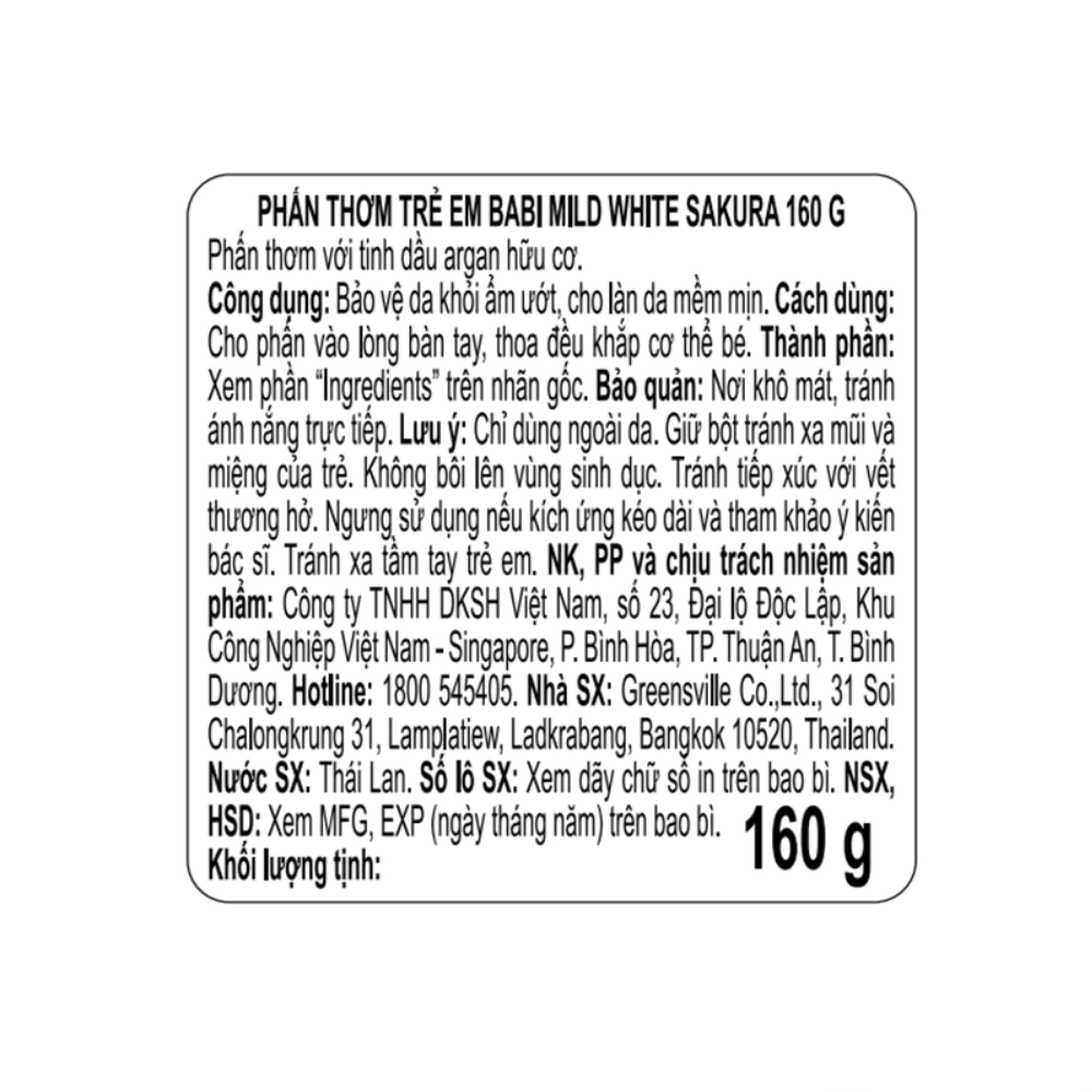 Phấn thơm dưỡng ẩm cho bé Babi Mild Pure Natural/White Sakura 180g