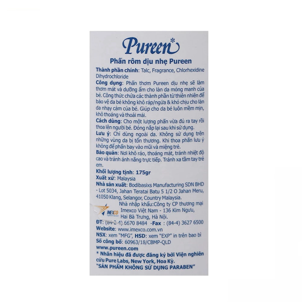 Phấn thơm dưỡng ẩm cho bé Pureen Baby Powder 175g