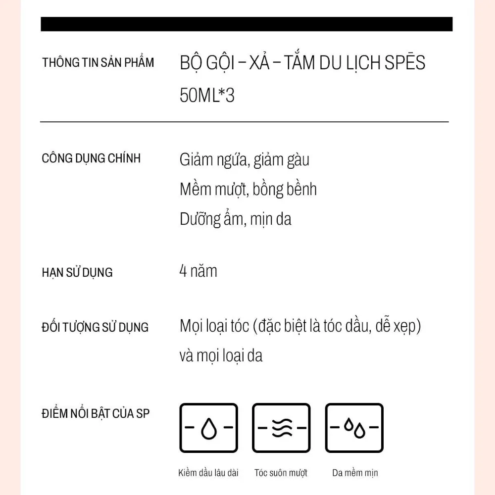 Set 3 sản phẩm gội xả sữa tắm Spes travel kit 50ml