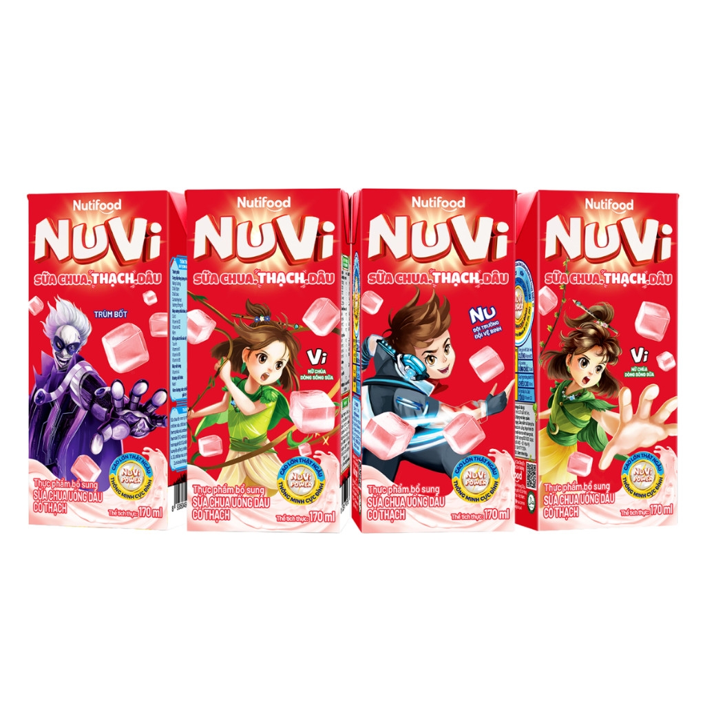 Lốc 4 hộp sữa trái cây có thạch Nuvi hương lúa mạch ca cao/dâu/cam hộp 170ml