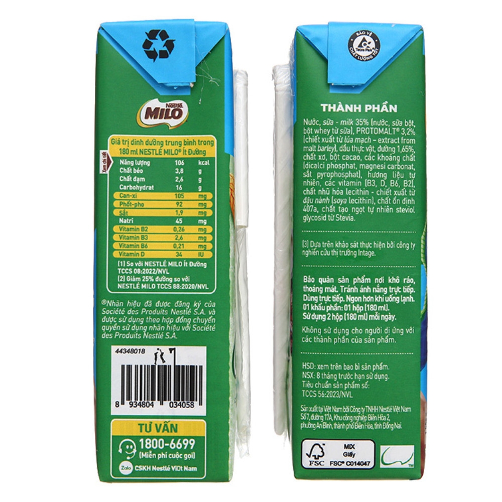 Lốc 4 hộp sữa lúa mạch Milo nước có đường/ít đường hộp 180ml
