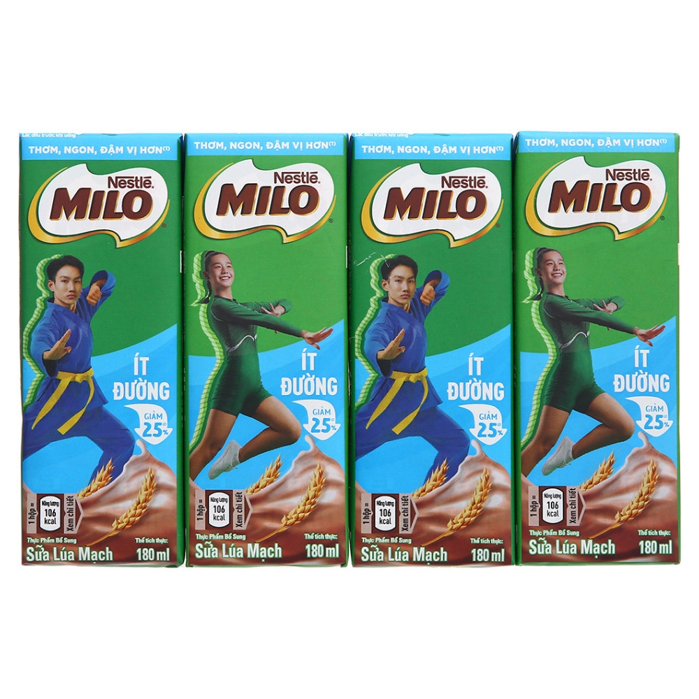 Lốc 4 hộp sữa lúa mạch Milo nước có đường/ít đường hộp 180ml