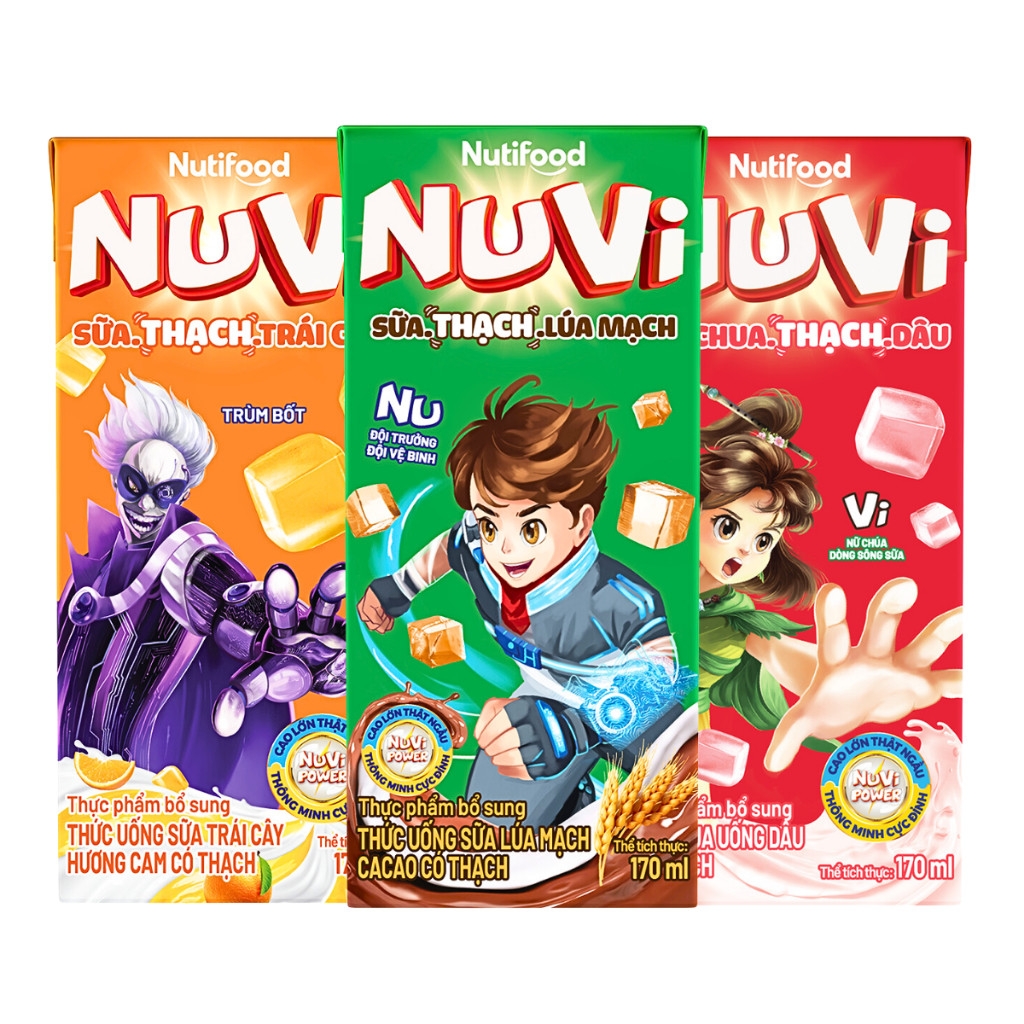 Lốc 4 hộp sữa trái cây có thạch Nuvi hương lúa mạch ca cao/dâu/cam hộp 170ml