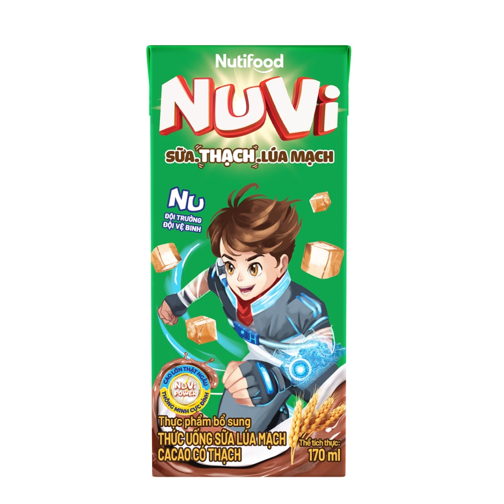 Lốc 4 hộp sữa trái cây có thạch Nuvi hương lúa mạch ca cao/dâu/cam hộp 170ml