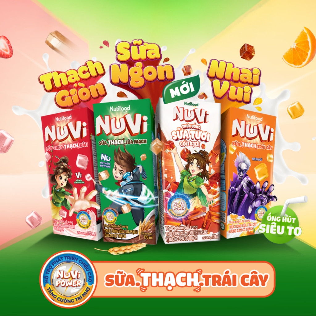 Lốc 4 hộp sữa trái cây có thạch Nuvi hương lúa mạch ca cao/dâu/cam hộp 170ml