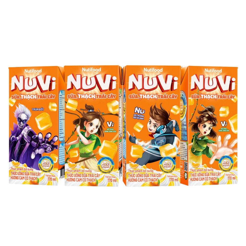 Lốc 4 hộp sữa trái cây có thạch Nuvi hương lúa mạch ca cao/dâu/cam hộp 170ml