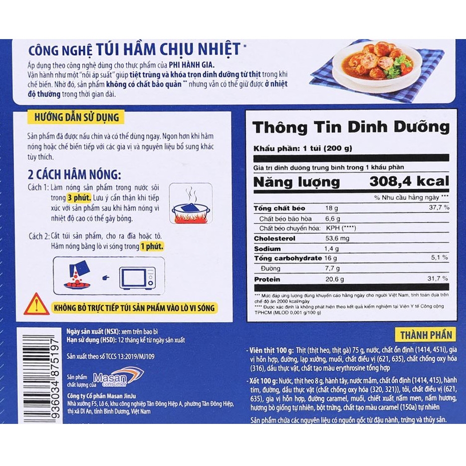 (1 hộp/combo 2/5 hộp) Thịt viên 3 phút Heo Cao Bồi hộp 200g