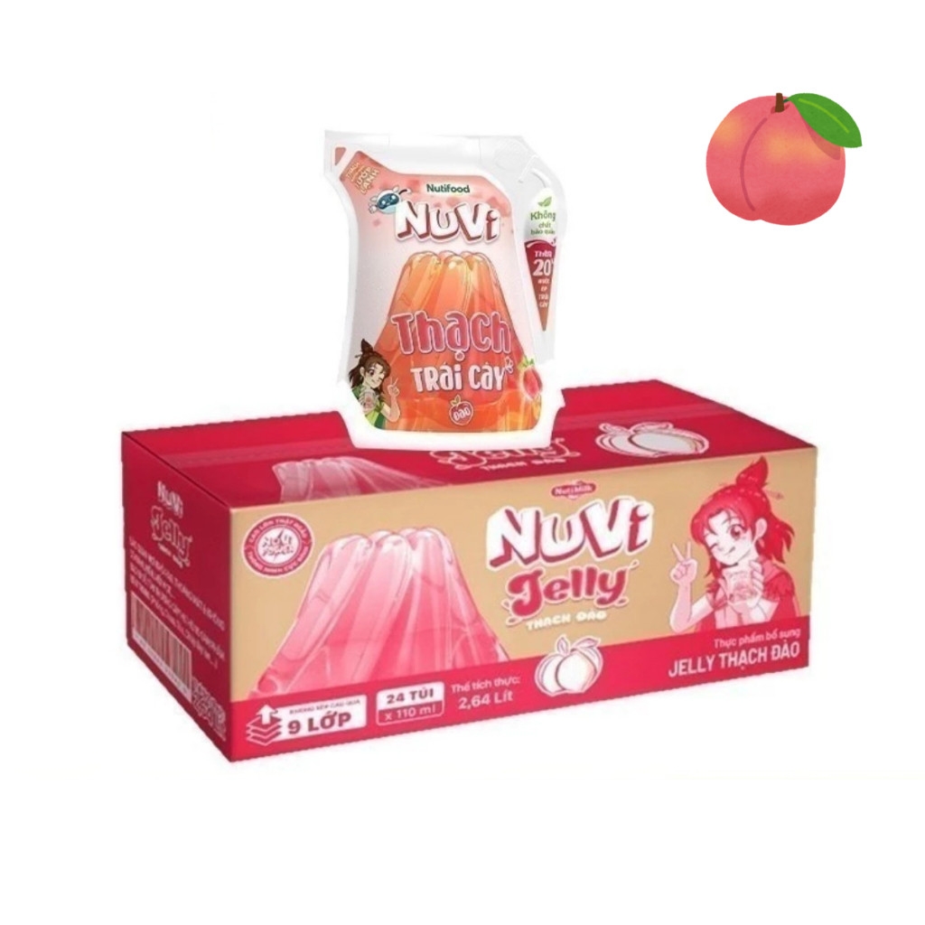 Thùng 24 túi Jelly Nuvi thạch đào/nho/lúa mạch cacao 110ml
