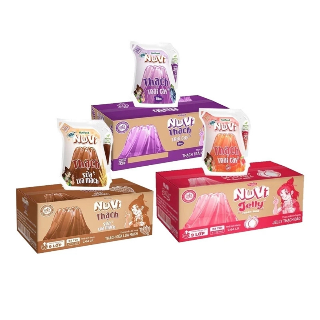 Thùng 24 túi Jelly Nuvi thạch đào/nho/lúa mạch cacao 110ml