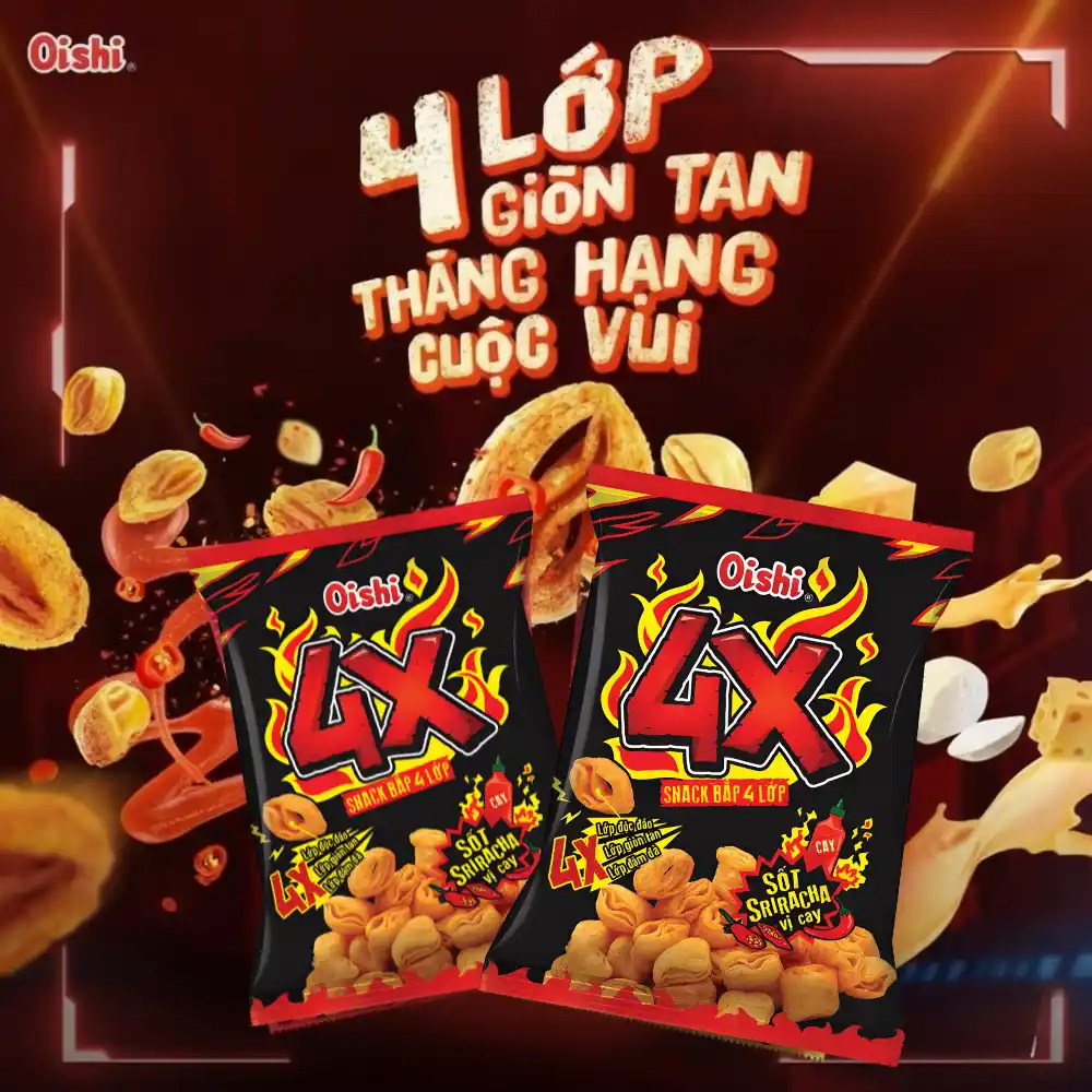 Snack bắp Oishi 4X sốt Sriracha vị cay gói 68g