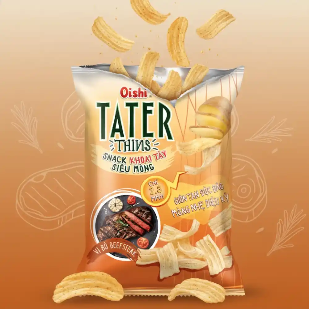 Snack khoai tây siêu mỏng Oishi vị bò Beefsteak gói 68g