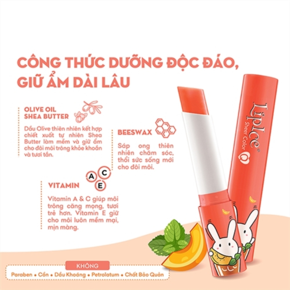 Son dưỡng LipIce thỏ bảy màu hương trà đào, hồng cam 2.4g