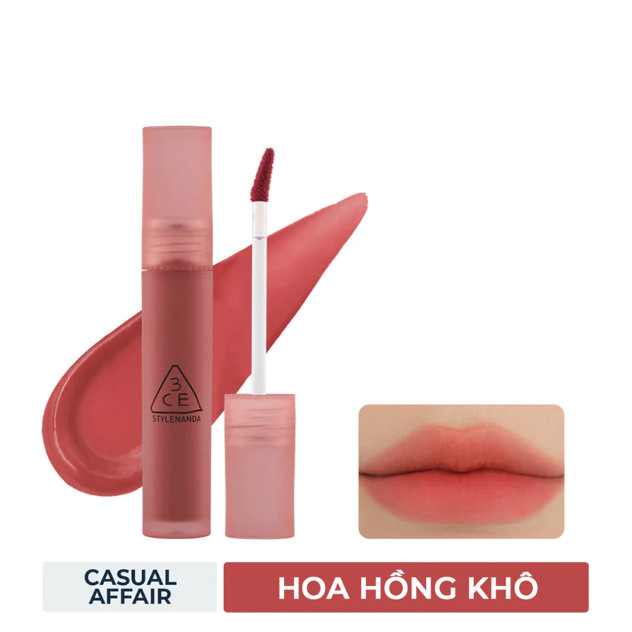Son kem lì 3CE Casual Affair - Hoa hồng khô/Play Off - Đỏ cổ điển/Sepia - Đỏ gạch đậm/Laydown - hồng đào trầm 4.6g