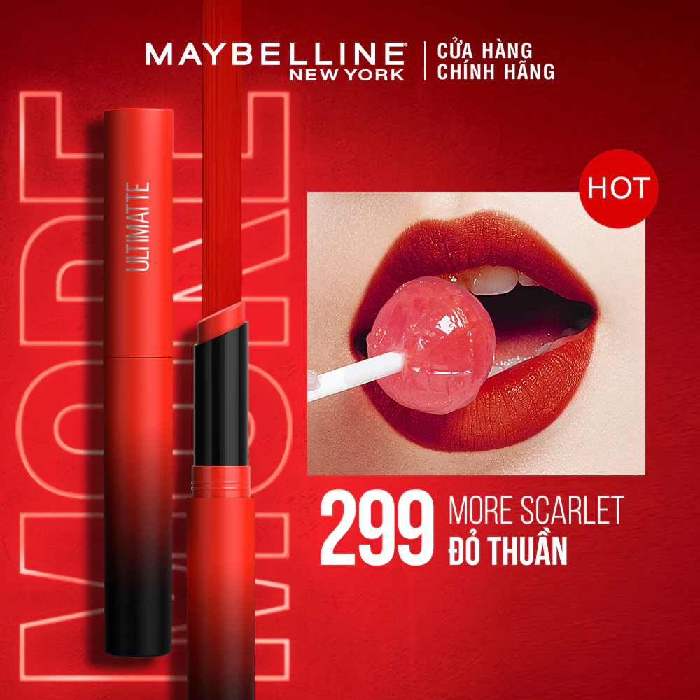 Son lì Maybelline mịn môi siêu nhẹ 299 đỏ thuần/799 cam ngả đất/899 đỏ gạch/1299 đỏ cam đất 1.7g