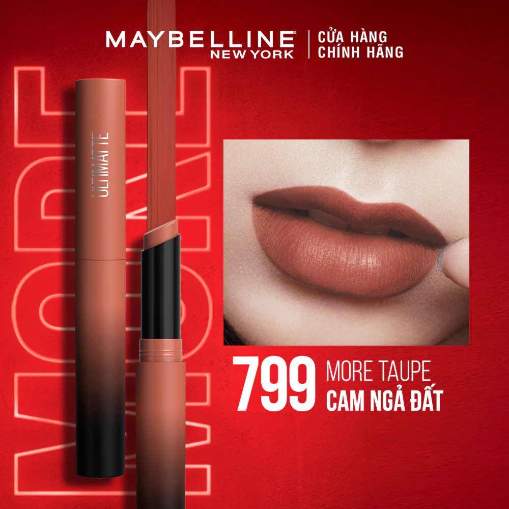 Son lì Maybelline mịn môi siêu nhẹ 299 đỏ thuần/799 cam ngả đất/899 đỏ gạch/1299 đỏ cam đất 1.7g