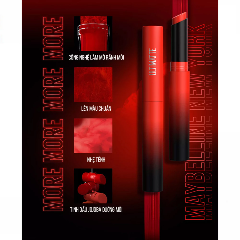 Son lì Maybelline mịn môi siêu nhẹ 299 đỏ thuần/799 cam ngả đất/899 đỏ gạch/1299 đỏ cam đất 1.7g