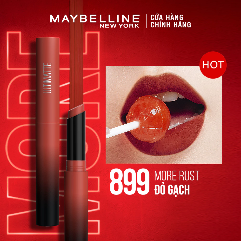 Son lì Maybelline mịn môi siêu nhẹ 299 đỏ thuần/799 cam ngả đất/899 đỏ gạch/1299 đỏ cam đất 1.7g