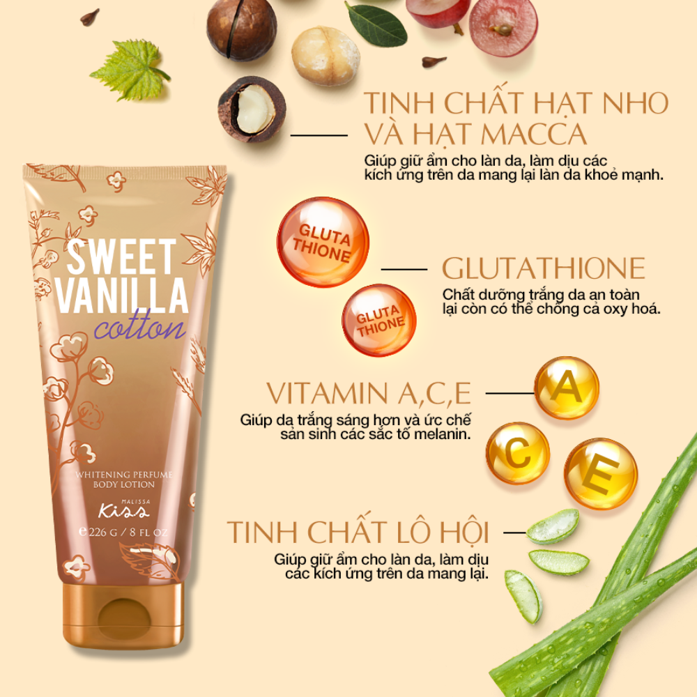 Sữa dưỡng thể Malissa Kiss sáng da Crazy In Love/Sweet Vanilla/Lost In Paradise 226g