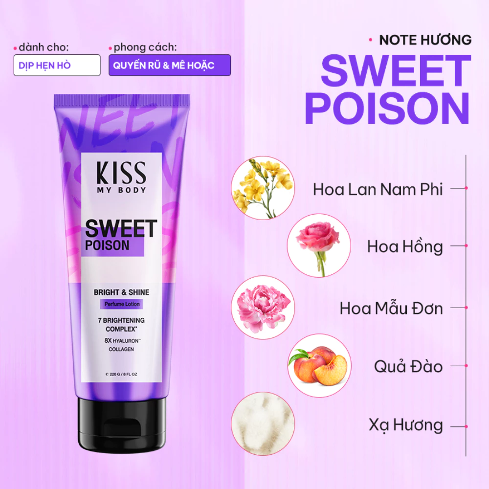 Sữa dưỡng thể Malissa Kiss sáng da Sweet Poison/Call Me Maybe/Adore You 226g