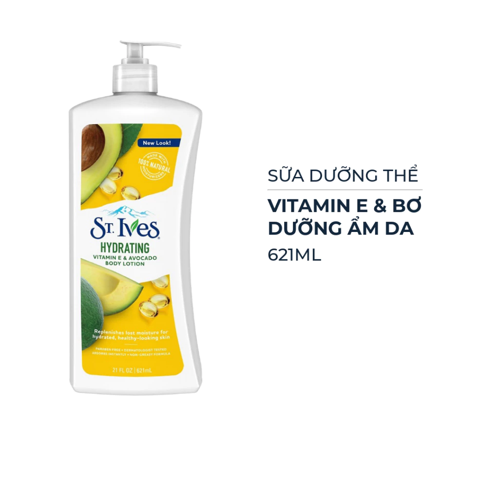 Sữa dưỡng thể St.Ives Yến mạch & Bơ dưỡng ẩm dịu da/Vitamin E & bơ dưỡng ẩm da  621ml