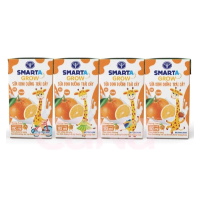Sữa nước Smarta Grow hương Dâu/hương Cam/Trái cây nhiệt đới 110ml và 180ml (4hộp/lốc)