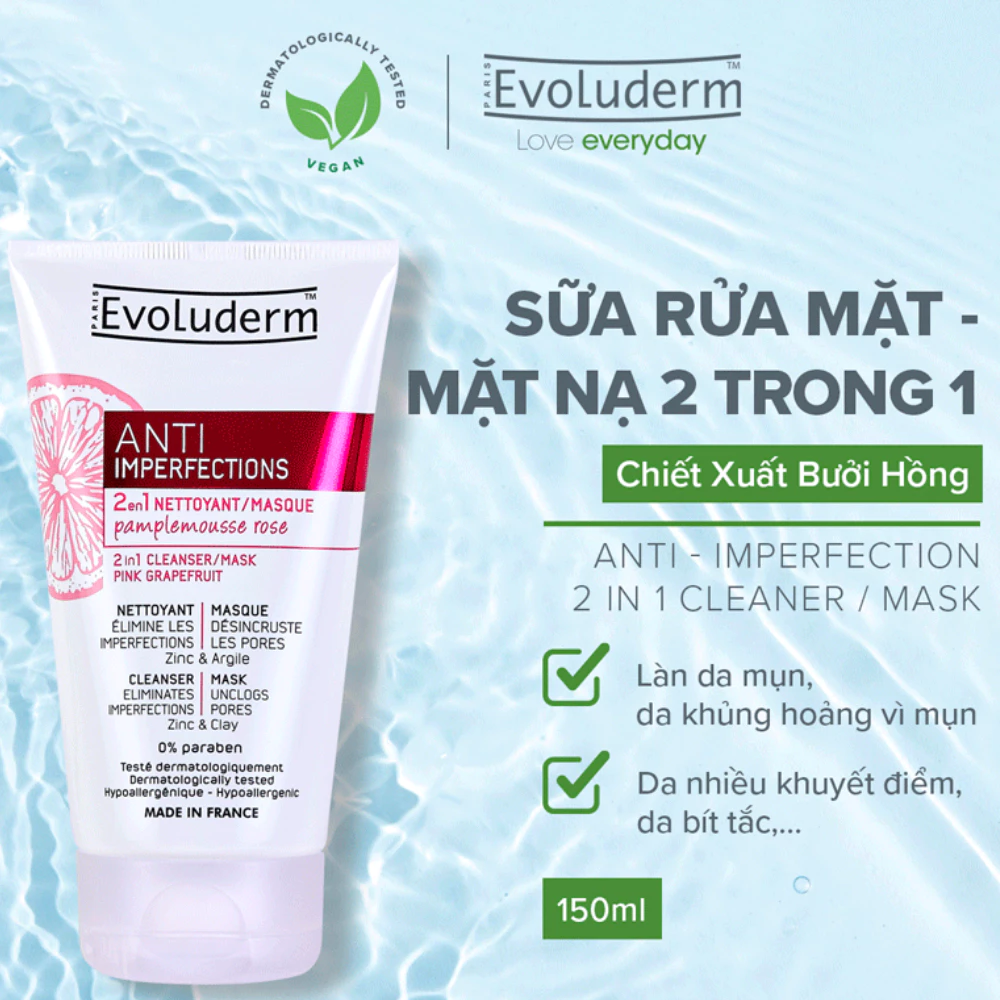 Sữa rửa mặt & mặt nạ Evoluderm chiết xuất Bưởi Hồng 150ml