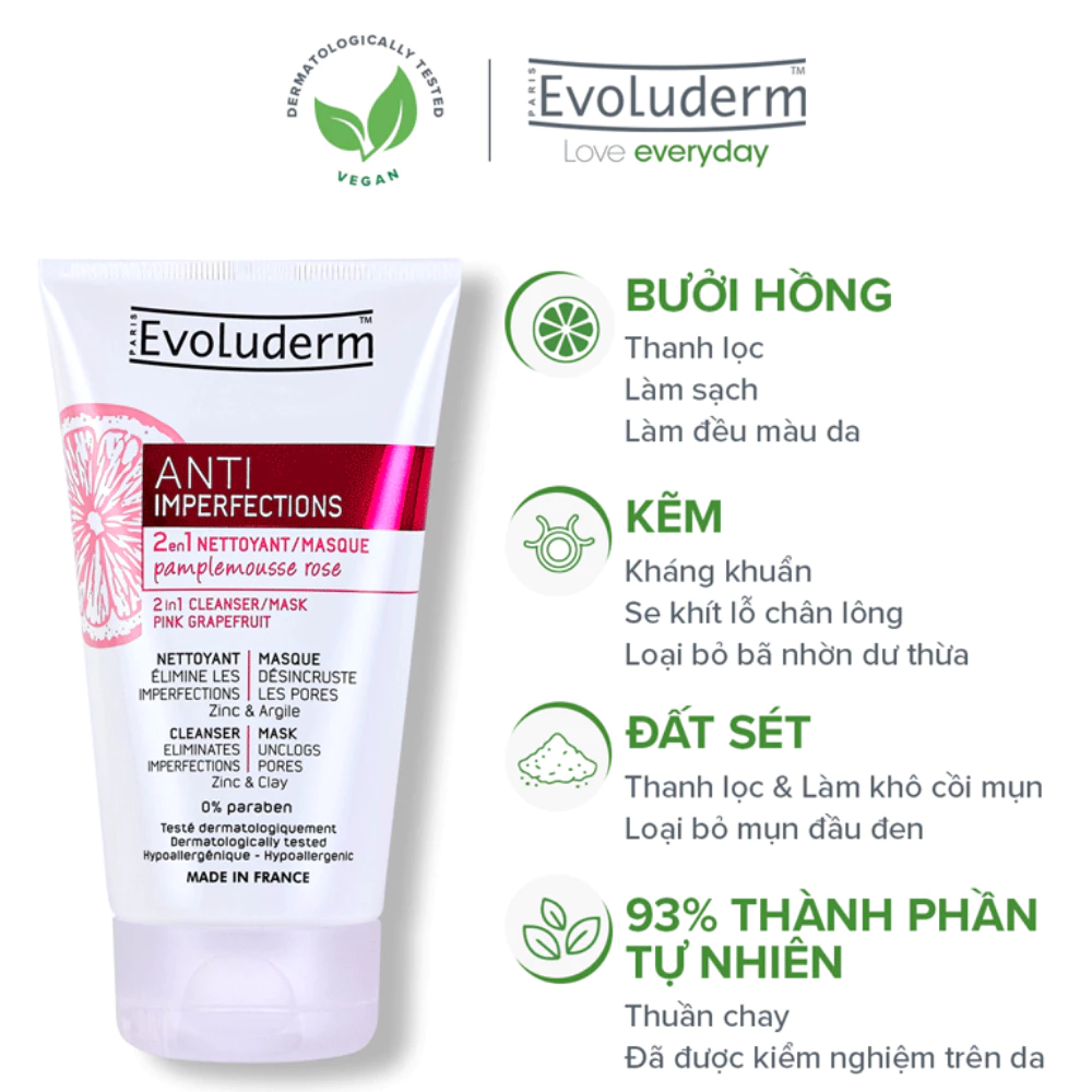 Sữa rửa mặt & mặt nạ Evoluderm chiết xuất Bưởi Hồng 150ml