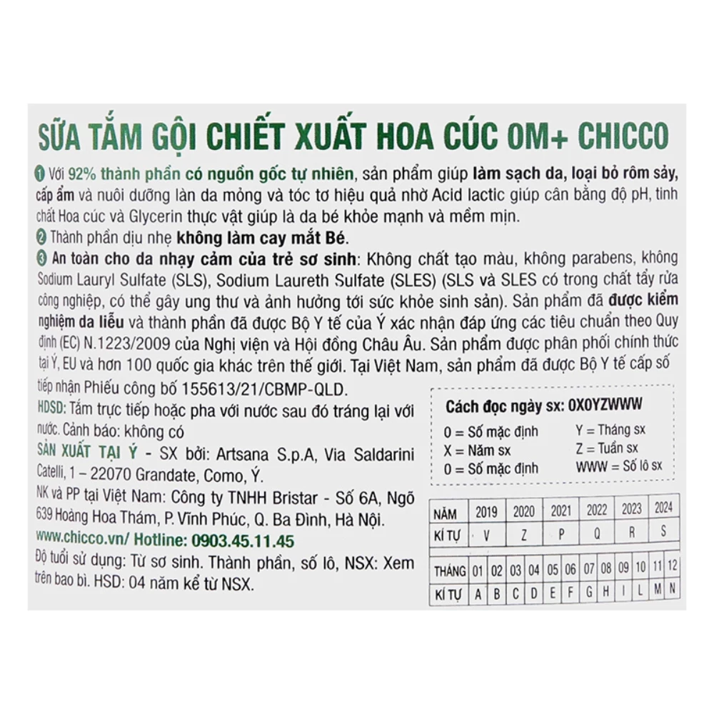 Sữa tắm gội chiết xuất hoa cúc 0M+ Chicco 200ml