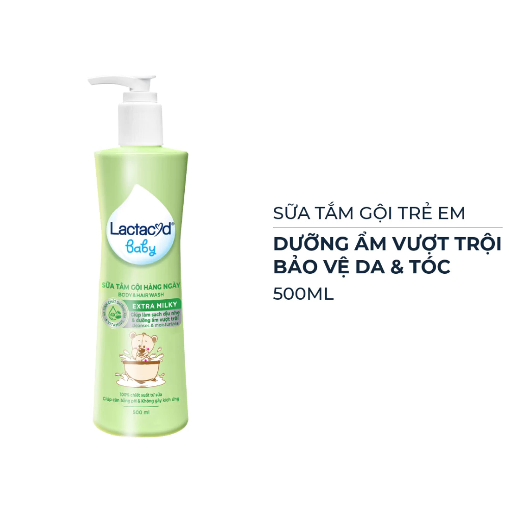 Sữa tắm gội trẻ em Lactacyd Milky bảo vệ da và tóc bé 500ml