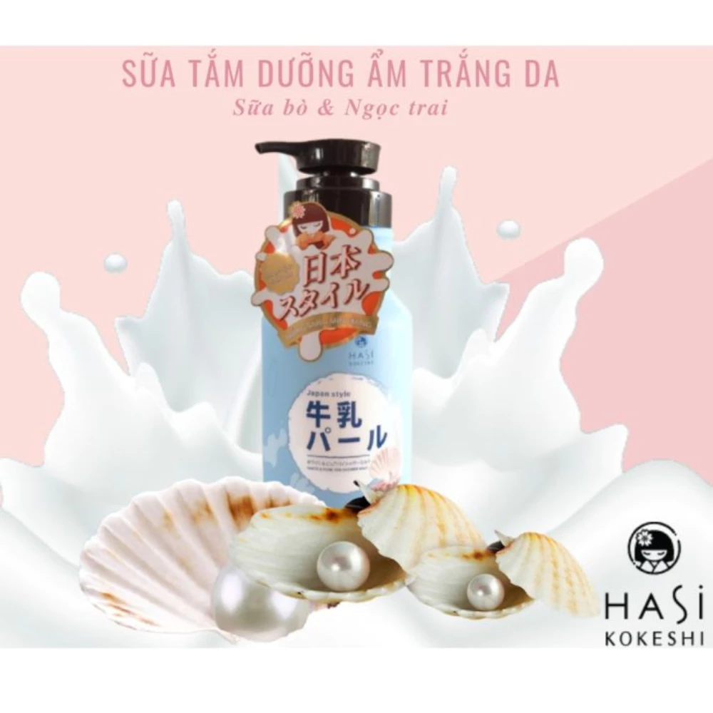 Sữa tắm Hasi Kokeshi sữa bò và ngọc trai sáng mịn da 600ml