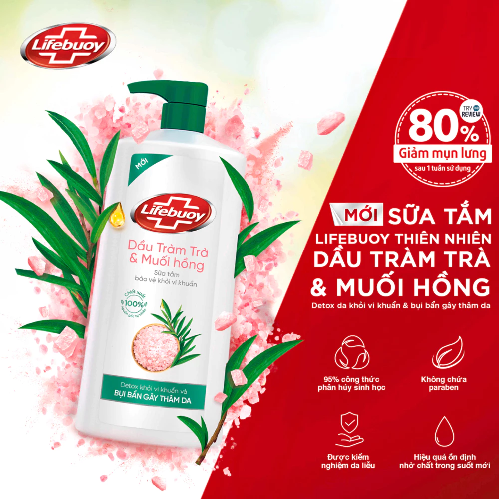 Sữa tắm Lifebuoy Detox dầu tràm trà & muối hồng 800g