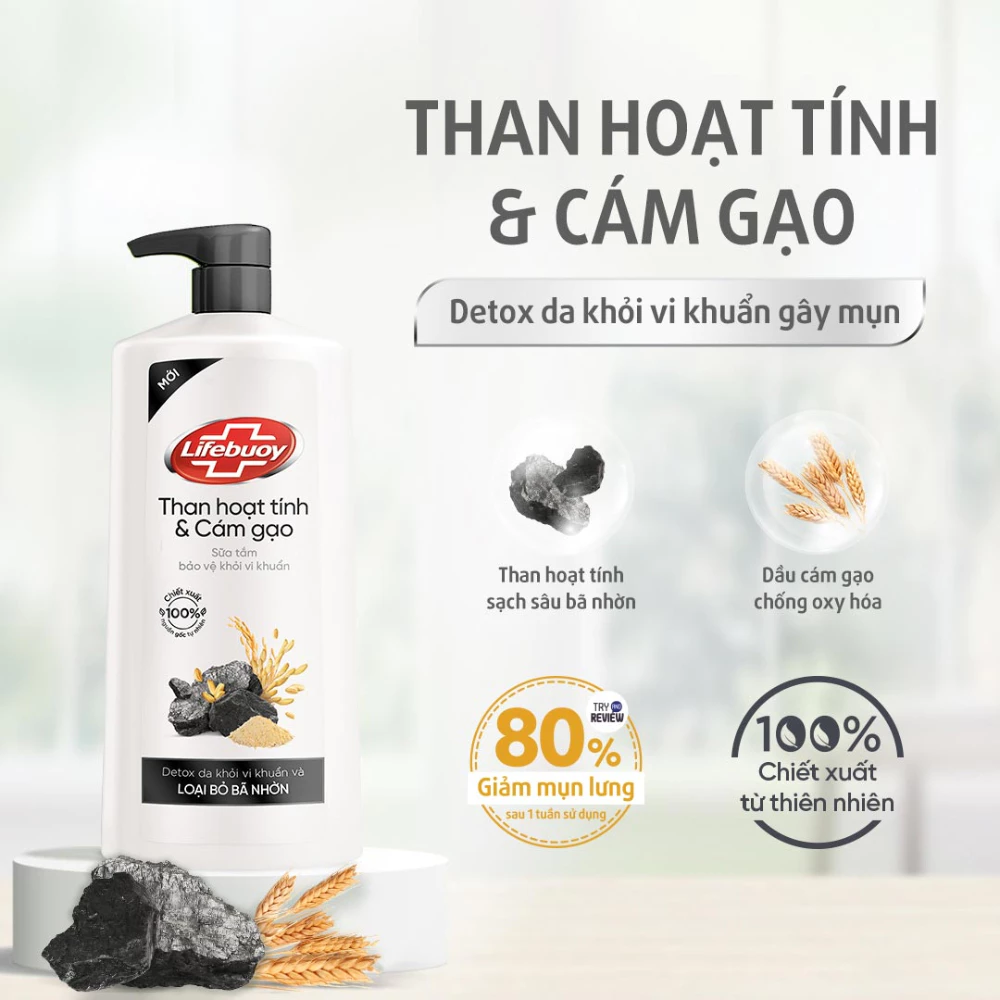 Sữa tắm Lifebuoy Detox than hoạt tính & cám gạo 800g