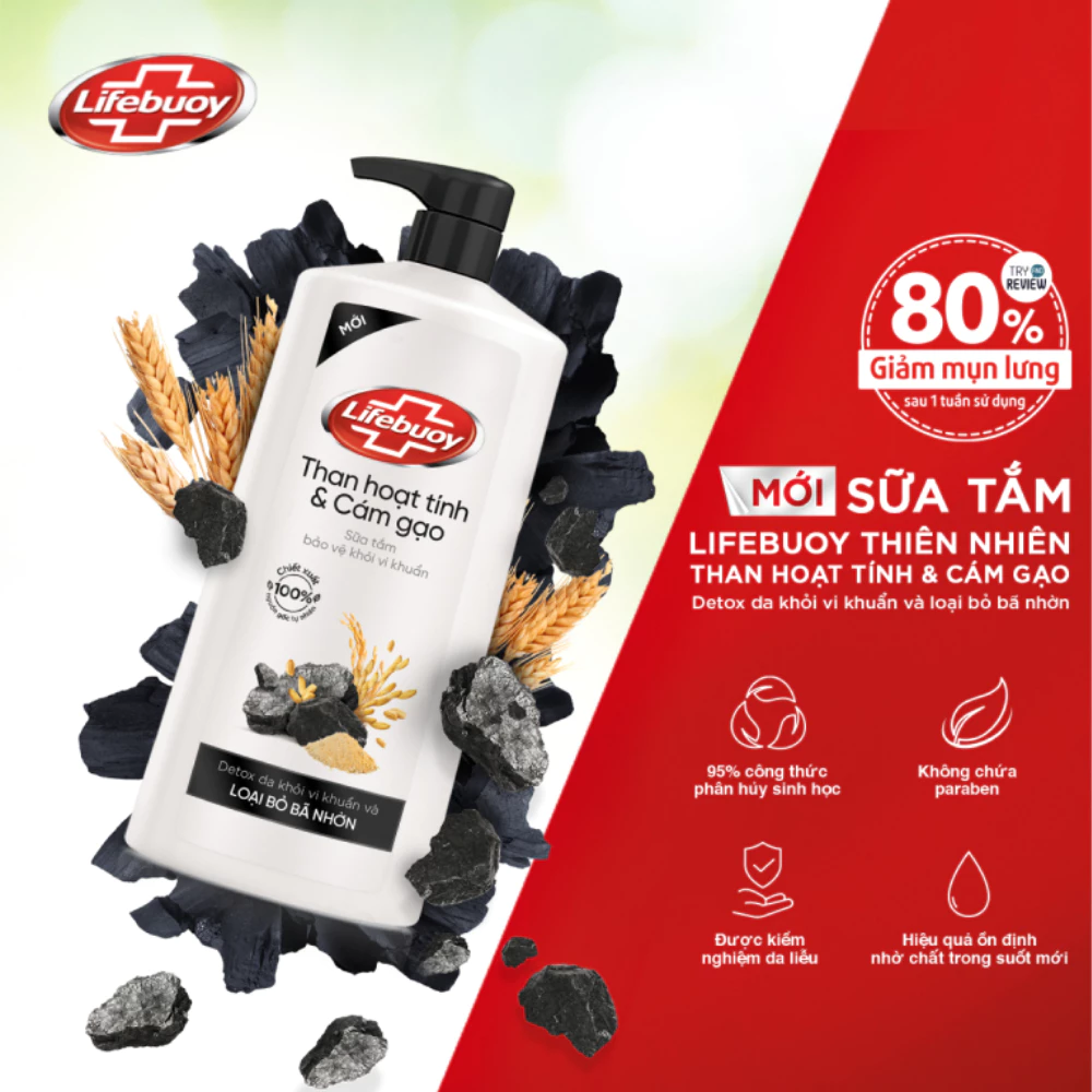 Sữa tắm Lifebuoy Detox than hoạt tính & cám gạo 800g