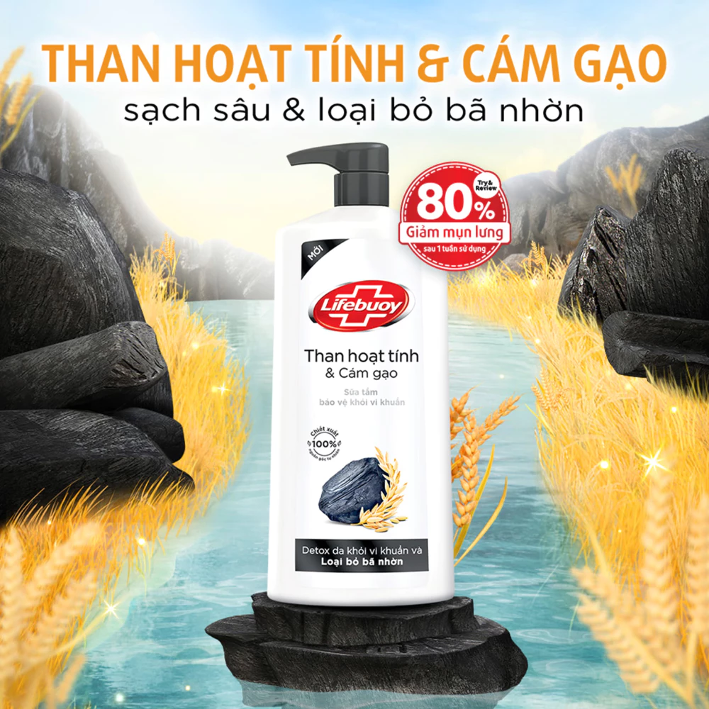 Sữa tắm Lifebuoy Detox than hoạt tính & cám gạo 800g