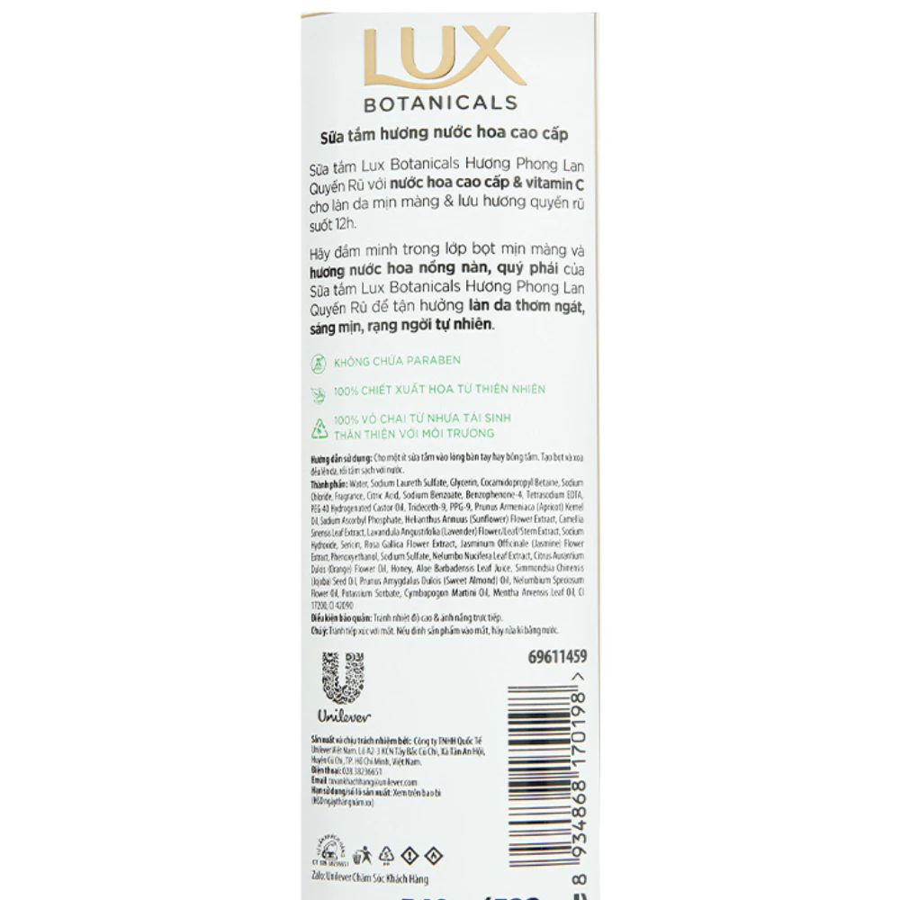Sữa tắm Lux Botanicals hương phong lan quyến rũ 570g