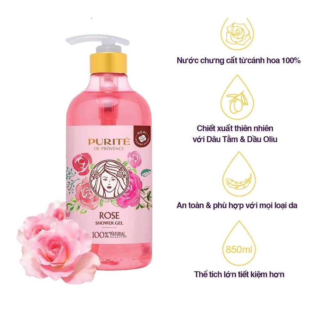 Sữa tắm Purité dưỡng da mềm mịn hương Hoa Hồng 500ml/850ml/1100ml