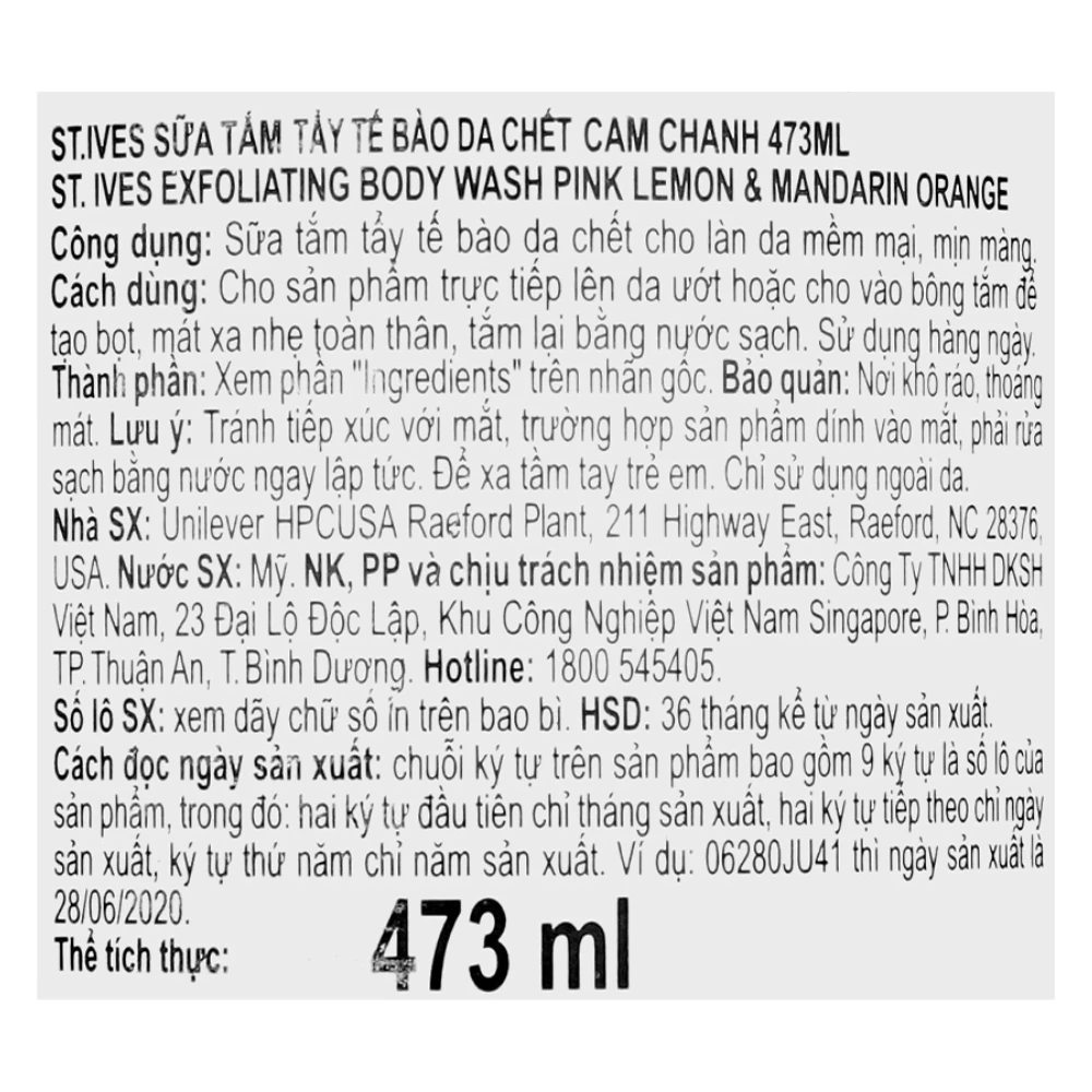Sữa tắm St.Ives tẩy tế bào chết hương cam chanh 473ml/650ml