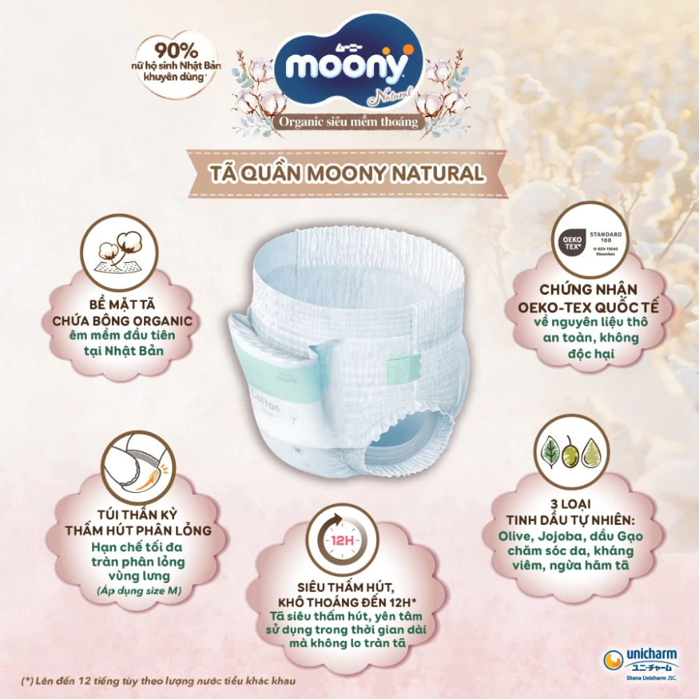 Tã dán/quần Moony Natural size NB66/M46/L38/L36/XL32 cho bé từ sơ sinh đến 22kg