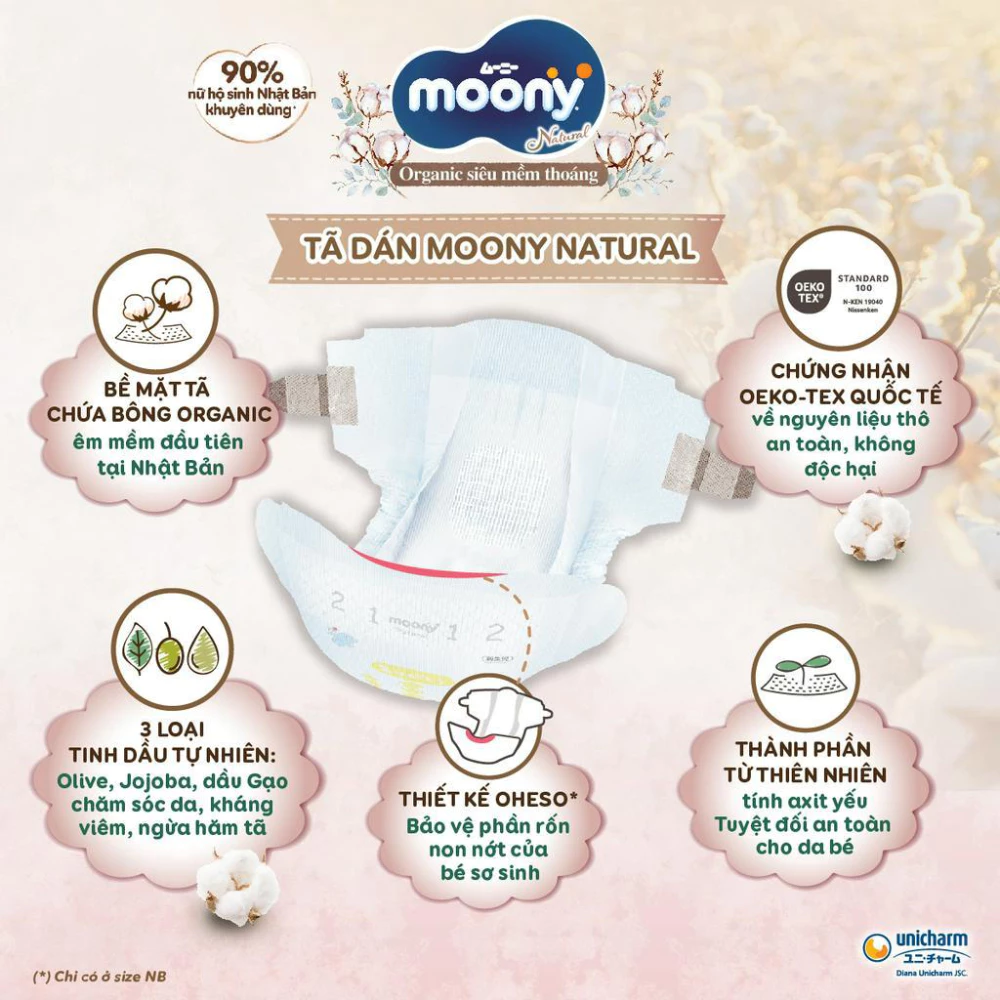 Tã dán/quần Moony Natural size NB66/M46/L38/L36/XL32 cho bé từ sơ sinh đến 22kg