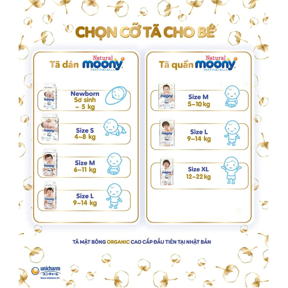 Tã dán/quần Moony Natural size NB66/M46/L38/L36/XL32 cho bé từ sơ sinh đến 22kg