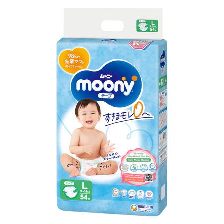 Tã dán/quần Moony size NB76/M56/L54/M52/L44/XL38/XXL26 dành cho bé trai/bé gái từ sơ sinh đến 22kg