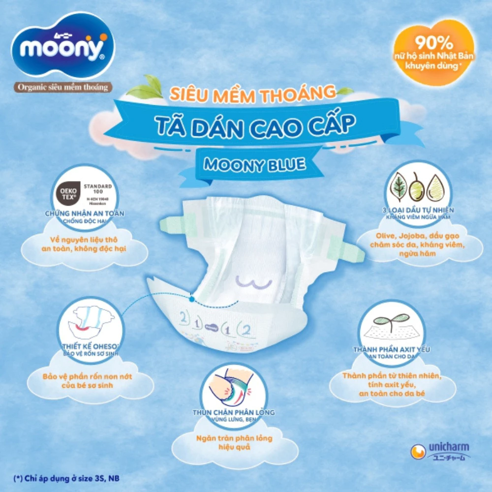 Tã dán/quần Moony size NB76/M56/L54/M52/L44/XL38/XXL26 dành cho bé trai/bé gái từ sơ sinh đến 22kg