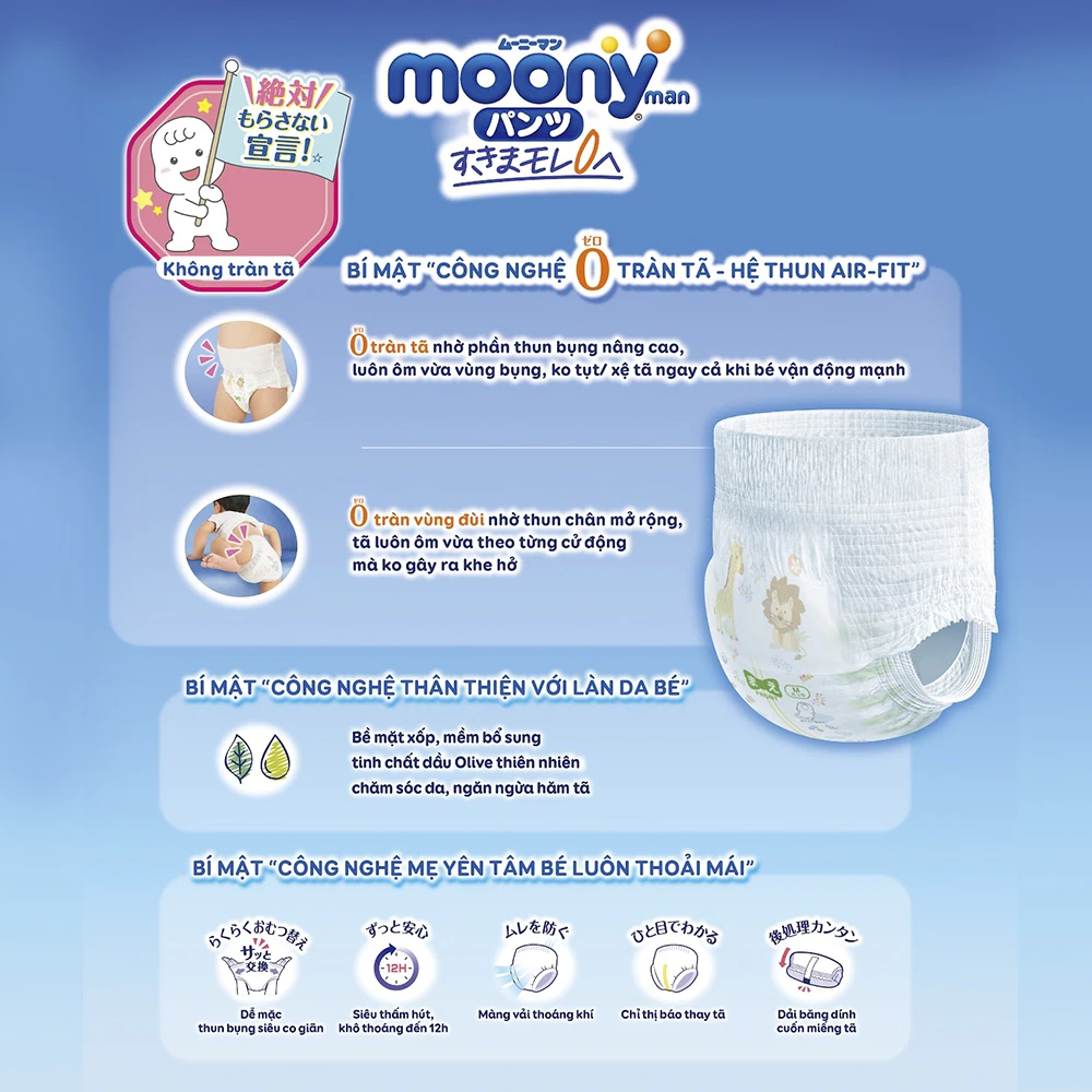 Tã dán/quần Moony size NB76/M56/L54/M52/L44/XL38/XXL26 dành cho bé trai/bé gái từ sơ sinh đến 22kg
