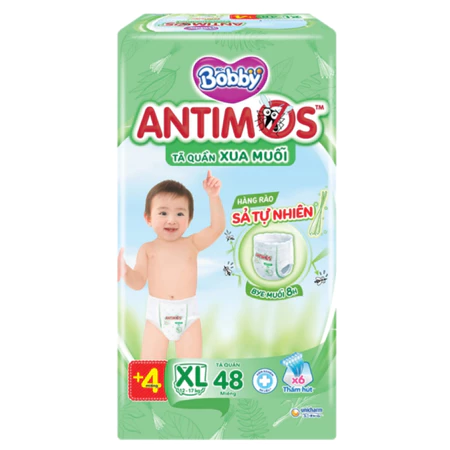 Tã quần Bobby Antimos xua muỗi size M 52/L 50 + 2/XL 48 + 4/XXL 46 + 6 Miếng dành cho bé từ 6 - 25kg