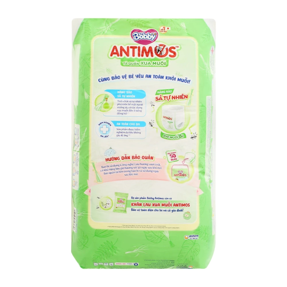 Tã quần Bobby Antimos xua muỗi size M 52/L 50 + 2/XL 48 + 4/XXL 46 + 6 Miếng dành cho bé từ 6 - 25kg