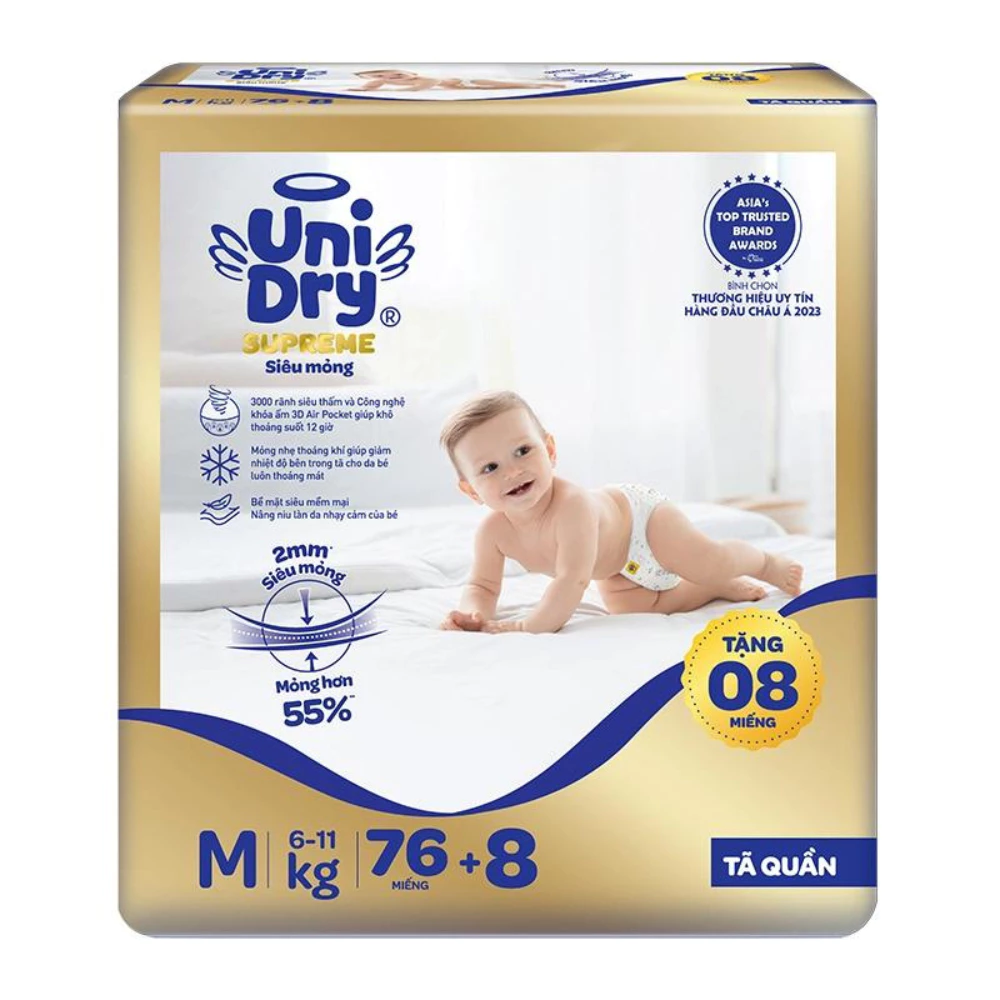 Tã quần Unidry Superme Thin & Soft size M76/L68/XL60/XXL54 cho bé từ 6 - 25kg