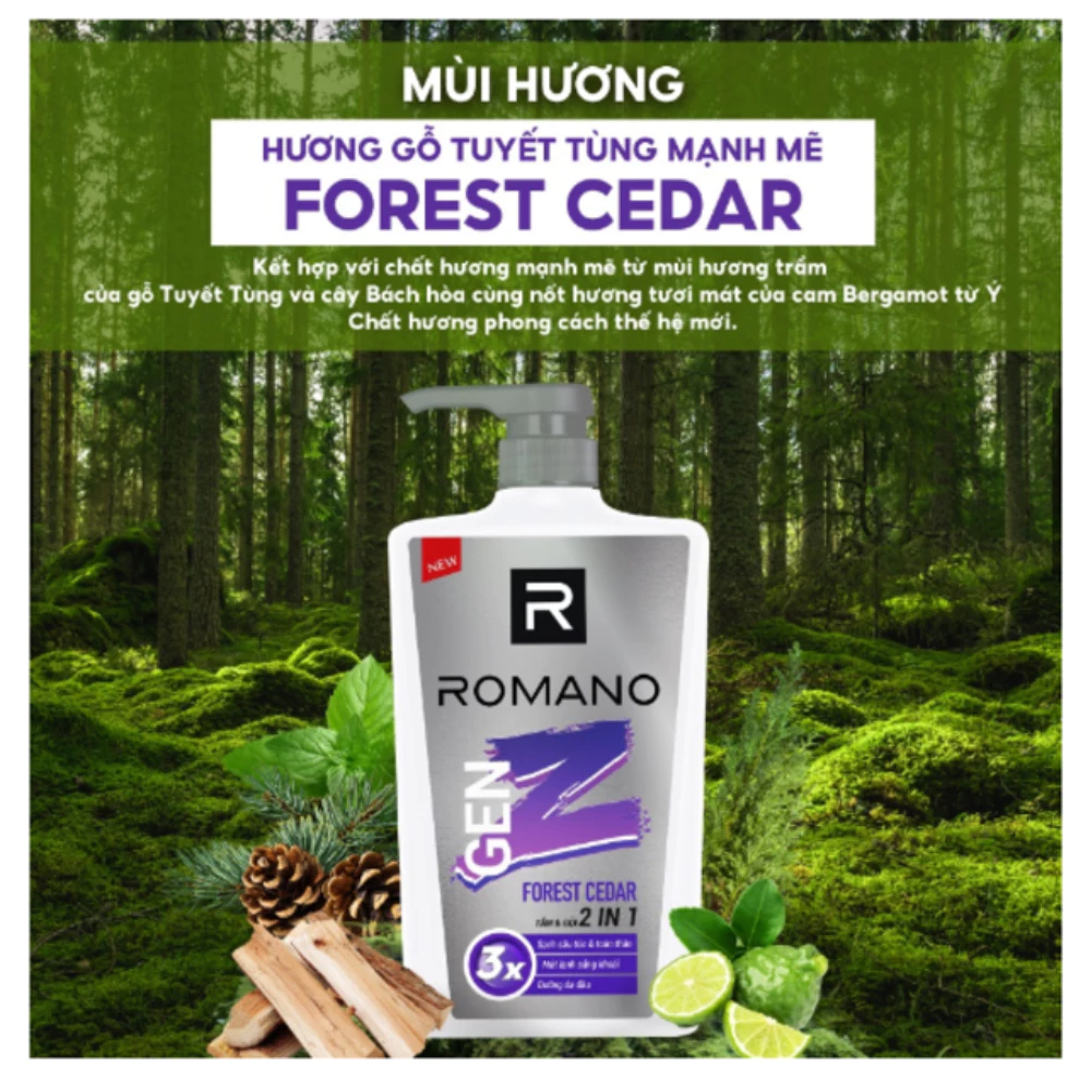 Tắm gội 2 trong 1 Romano Gen Z hương Forest Cedar 610g